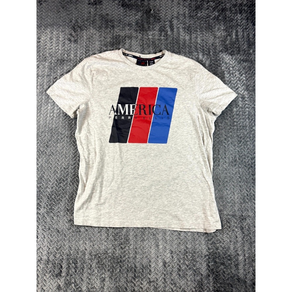 Perry Ellis America T‎ Shirt Men Large Gray Cotton Graphic Short Sleeve Crewneck